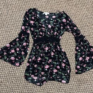 Adam Levine Collection Black Floral Romper Bell Sleeves